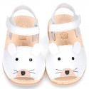 Little MOUSE soft leather Menorquina sandals with velcro strap.