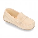 Suede leather Moccasins with detail mask and driver type Outsole for little boys.