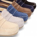 Suede leather Moccasins with detail mask and driver type Outsole for little boys.