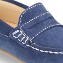 Suede leather Moccasins with detail mask and driver type Outsole for little boys.