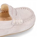 Suede leather Moccasins with detail mask and driver type Outsole for little boys.