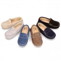 Suede leather Moccasins with detail mask and driver type Outsole for little boys.