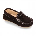 Suede leather Moccasins with detail mask and driver type Outsole for little boys.