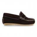 Suede leather Moccasins with detail mask and driver type Outsole for little boys.