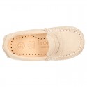 Suede leather Moccasins with detail mask and driver type Outsole for little boys.