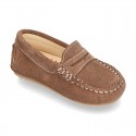 Suede leather Moccasins with detail mask and driver type Outsole for little boys.