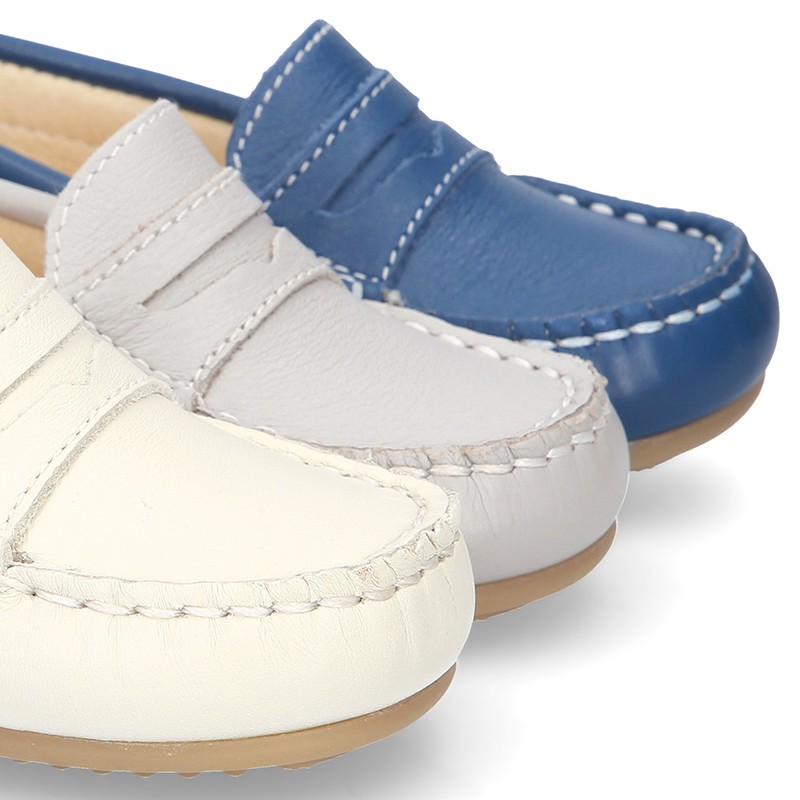 Boys Formal White Leather Moccasin Loafers – Soft Rubber Sole, Sizes 5-8.5