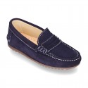 Suede leather kids moccasins shoes with detail mask and driver type Outsole.