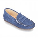 Suede leather kids moccasins shoes with detail mask and driver type Outsole.
