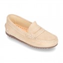 Suede leather kids moccasins shoes with detail mask and driver type Outsole.