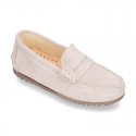 Suede leather kids moccasins shoes with detail mask and driver type Outsole.