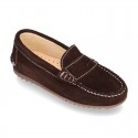 Suede leather kids moccasins shoes with detail mask and driver type Outsole.