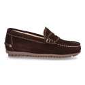 Suede leather kids moccasins shoes with detail mask and driver type Outsole.