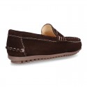 Suede leather kids moccasins shoes with detail mask and driver type Outsole.