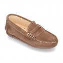 Suede leather kids moccasins shoes with detail mask and driver type Outsole.