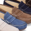 Suede leather kids moccasins shoes with detail mask and driver type Outsole.