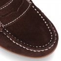 Suede leather kids moccasins shoes with detail mask and driver type Outsole.