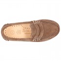 Suede leather kids moccasins shoes with detail mask and driver type Outsole.