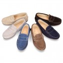 Suede leather kids moccasins shoes with detail mask and driver type Outsole.