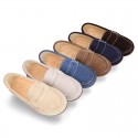 Suede leather kids moccasins shoes with detail mask and driver type Outsole.