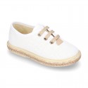 LINEN canvas Laces up style espadrille shoes in WHITE color.