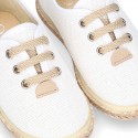 LINEN canvas Laces up style espadrille shoes in WHITE color.