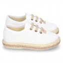 LINEN canvas Laces up style espadrille shoes in WHITE color.