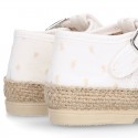 PLUMETI COTTON canvas little T-Strap shoes espadrille style for babies.