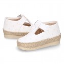 PLUMETI COTTON canvas little T-Strap shoes espadrille style for babies.