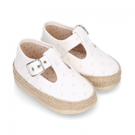 PLUMETI COTTON canvas little T-Strap shoes espadrille style for babies.