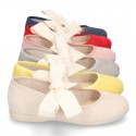 New SPRING SUMMER canvas Mary Jane shoes with ties closure with big bow.