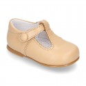 Classic Nappa leather T-strap shoes with velcro strap closure with button.