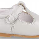 Classic Nappa leather T-strap shoes with velcro strap closure with button.