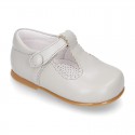 Classic Nappa leather T-strap shoes with velcro strap closure with button.