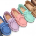 Nobuck leather Moccasin shoes with bows for toddler kids.