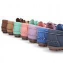 Nobuck leather Moccasin shoes with bows for toddler kids.