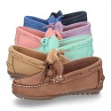 Nobuck leather Moccasin shoes with bows for toddler kids.