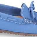 Nobuck leather Moccasin shoes with bows for toddler kids.