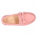 Nobuck leather Moccasin shoes with bows for toddler kids.