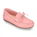 Nobuck leather Moccasin shoes with bows for toddler kids.