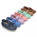 Nobuck leather Moccasin shoes with bows for toddler kids.