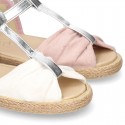 Little T-Strap SANDAL shoes espadrille style in metal canvas.
