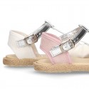 Little T-Strap SANDAL shoes espadrille style in metal canvas.