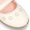 CEREMONY Nappa leather Mary Jane shoes with flowers embroidery design and velcro strap.