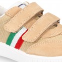 Combined canvas suede leather kids tennis shoes with hook and loop strap .