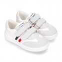 Combined canvas suede leather kids tennis shoes with hook and loop strap .