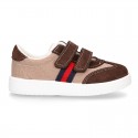 Combined canvas suede leather kids tennis shoes with hook and loop strap .