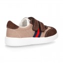 Combined canvas suede leather kids tennis shoes with hook and loop strap .