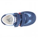 Combined canvas suede leather kids tennis shoes with hook and loop strap .