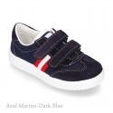 Combined canvas suede leather kids tennis shoes with hook and loop strap .